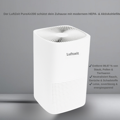 LuftZeit PureAir200 Luftreiniger – HEPA-& Aktivkohlefilter, leise mit Timer – Gegen Pollen, Staub, Gerüche &amp; Tierhaare